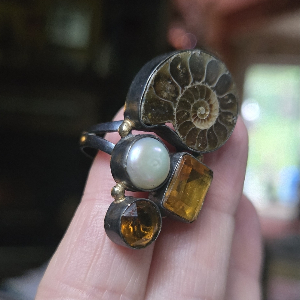 Ammonite Fossil pearl & citrine gemstone sterling & gold Ring sz8.5 - Picture 4 of 11
